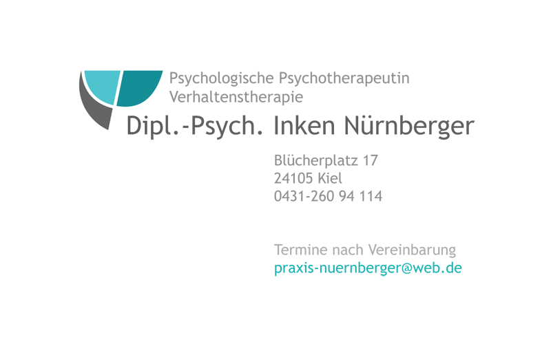 Dipl.-Psych. Inken Nürnberger, neue Adresse: Blücherplatz 17, 24105 Kiel, 0431-260 94114, Termine nach Vereinbarung